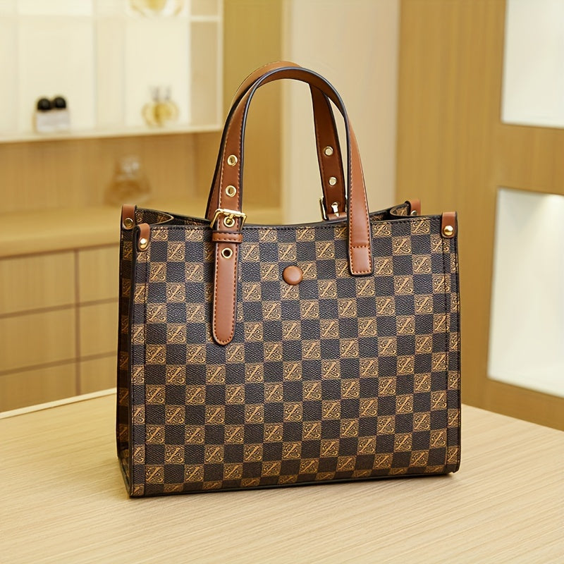 realaiotCheckerboard Pattern Retro Tote Bag, Large Capacity Shoulder Bag With Letter Pattern Strap, Women's Versatile Top Handle Crossbody Bag