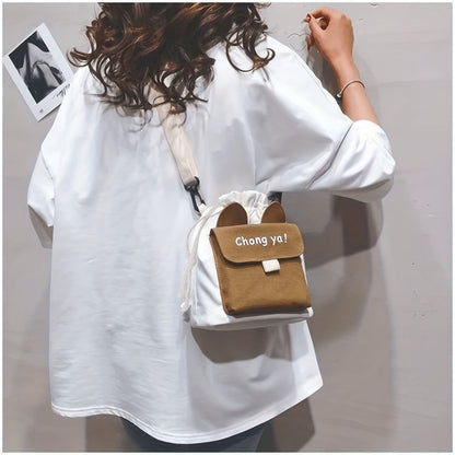 realaiot  Lovely Cartoon Small Crossbody Bag, Drawstring Canvas Bag With Adjustable Strap, Casual Going Out Bag