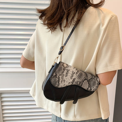 realaiot Snakeskin Pattern Saddle Bag, Women's Retro Crossbody Bag, Fashion Shoulder Bag & Flap Purse