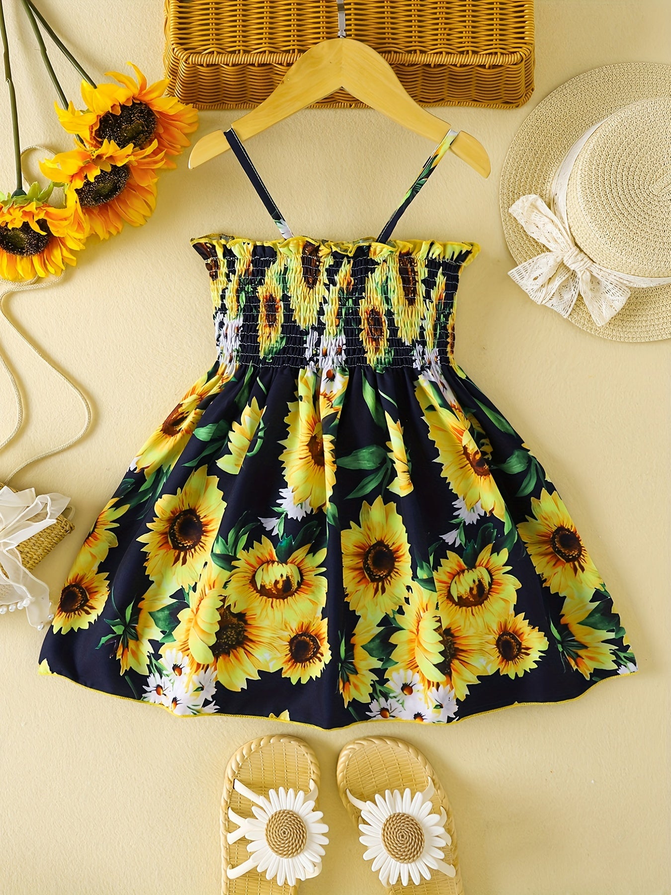 Toddler Girls Gradient Color Sunflower Graphic Frill Trim Shirred Cami Princess Dress For Party Beach Vacation Kids Summer Clothes 4th Of July Outfit