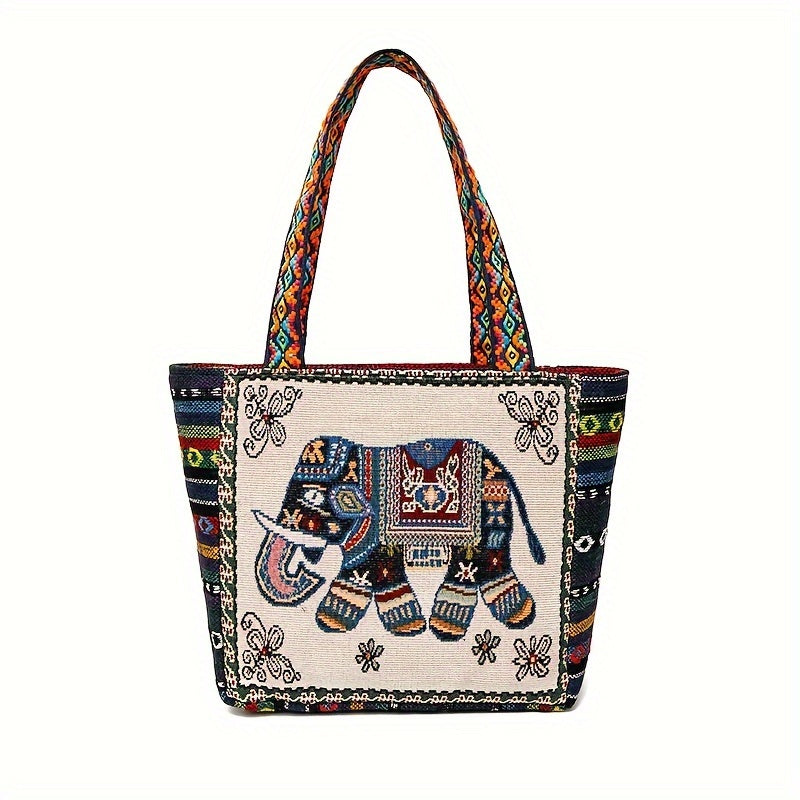 realaiot  New Ethnic Style Shoulder Bag, Butterfly Elephant Pattern Casual Travel Storage Tote Bag For Women