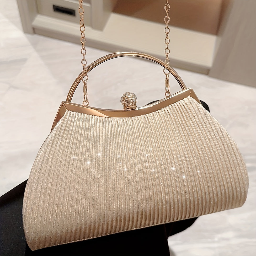 Pleated Glitter Metal Chain Handbag, Elegent Textured Cloth Frame Purse, Classic Dinner Evening Bag