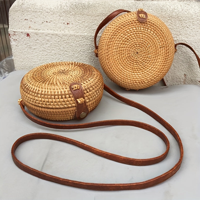 Mini Rattan Woven Round Bag, Boho Style Square Beach Bag, Fashion Straw Braided Crossbody Purses (18.01x7.01cm)
)