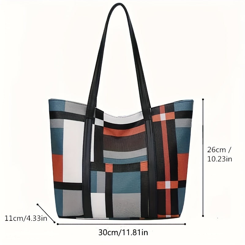 Fashion Plaid Print Tote Bag, Large Capacity Shoulder Bag, Women's Casual Handbag & Hobo Purse For Commute