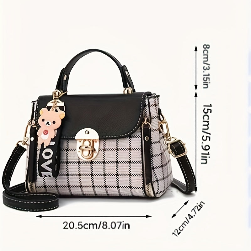 realaiot  Classic Plaid Pattern Handbag, Women Mini Crossbody Bag, Fashion Top Handle Buckle Flap Purse