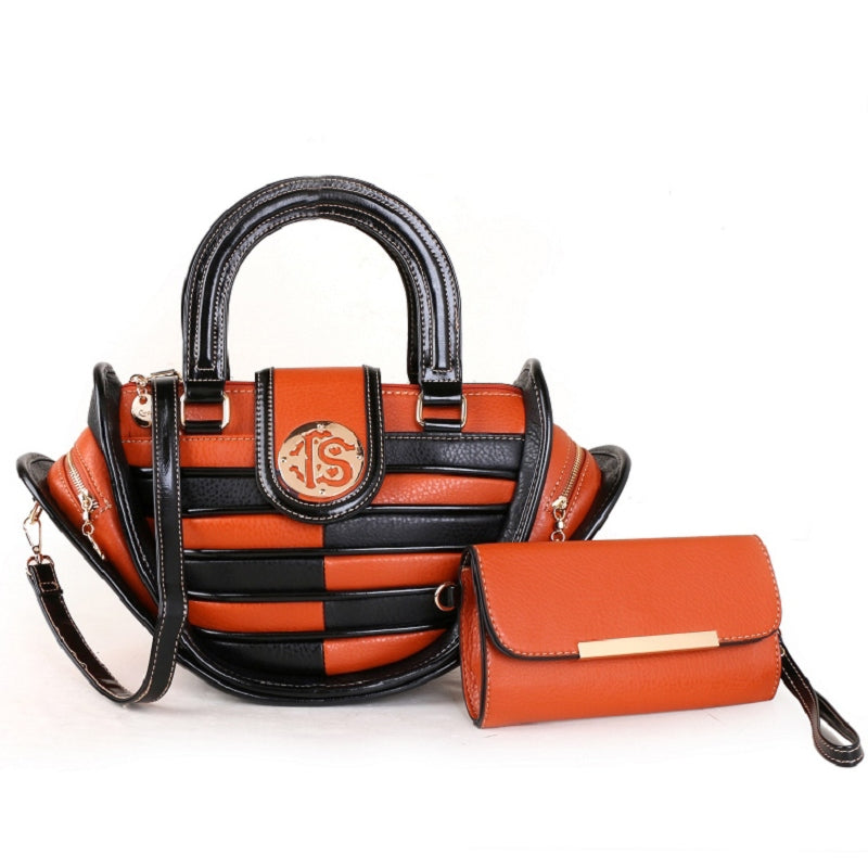 Trendy Colorblock Handbag Set, Women's Stylish Zipper Double Handle Purse & Coin Purse Set