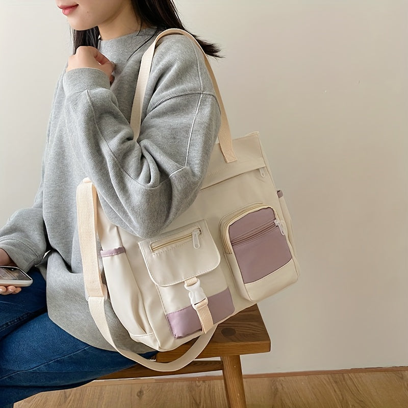 Colorblock Casual Shoulder Bag, Large Capacity Crossbody Canvas Bag, Women's All-Match School Bag