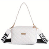 realaiot  Argyle Quilted Crossbody Bag, Faux Pearl Chain Square Purse, Women's PU Leather Shoulder Bag