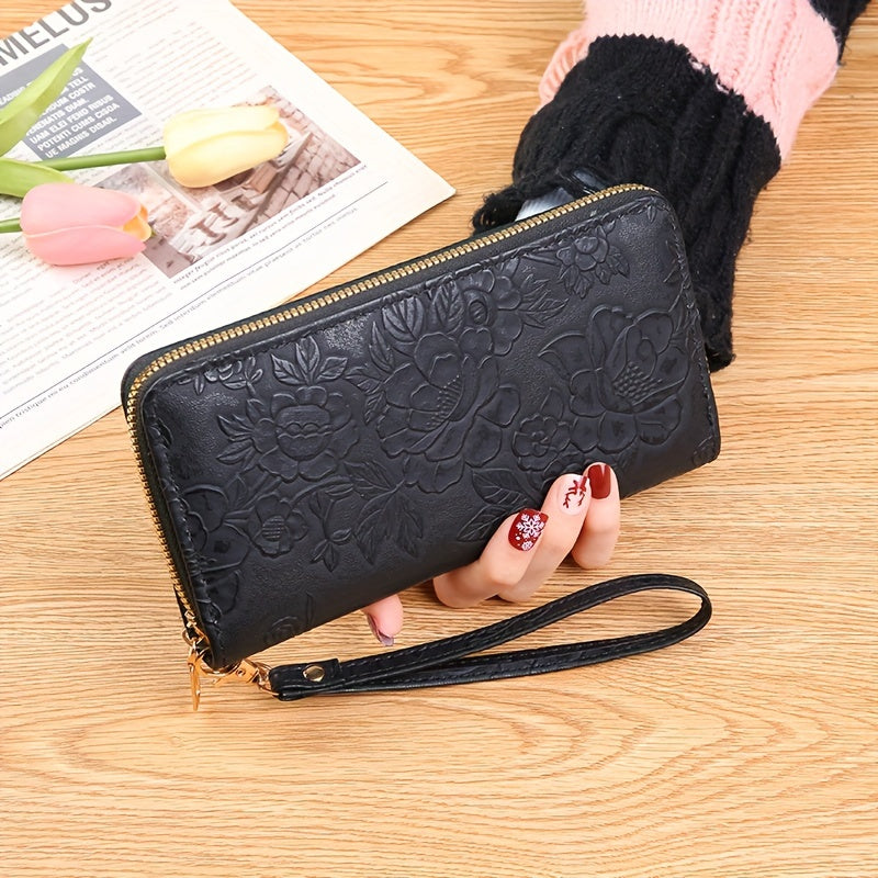 realaiot Women's Floral Embossed Long Wallet, Solid Color PU Leather Coin Purse, Trendy Zipper Card Holder Clutch Bag