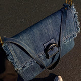 realaiot  Raw Trim Denim Shoulder Bag, Vintage Buckle Underarm Bag, Women's Flap Square Purse