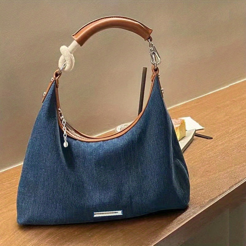 realaiot  Stylish Denim Baguette Bag, All-Match Trendy Underarm Bag, Women's Zipper Shoulder Bag & Purse