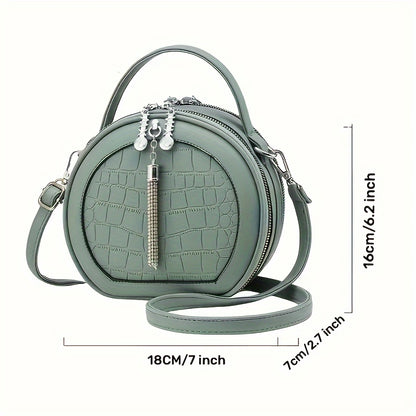 realaiot  Round Handbag For Women, Crocodile Pattern Shoulder Bag, Fashion Mini Crossbody Purse With Tassel Decor