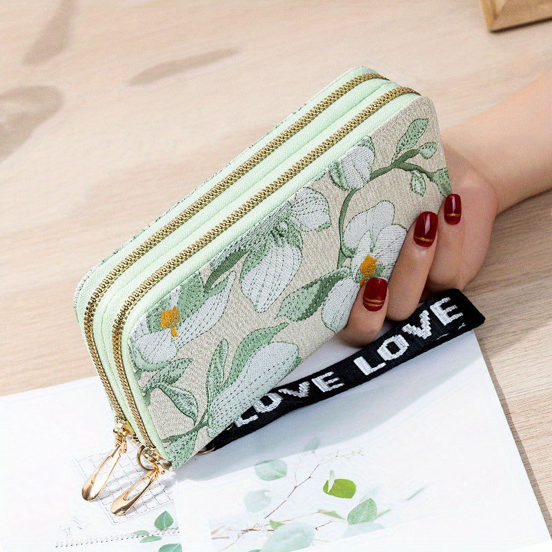 realaiot Flower Embroidery Long Wallet, Fashion Zipper Clutch Purse, Women's Phone Bag With Card Slots