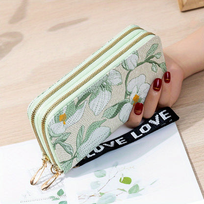 realaiot Flower Embroidery Long Wallet, Fashion Zipper Clutch Purse, Women's Phone Bag With Card Slots