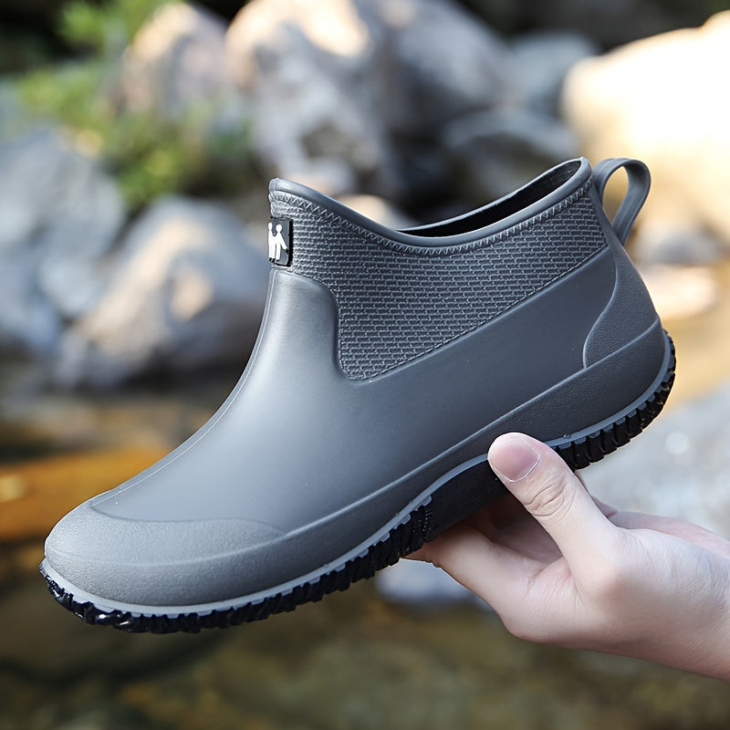 Waterproof Ankle Boots for Men - Comfy, Non-Slip, Durable, Solid Color Slip-On Shoes for Camping, Hiking, Outdoor Activities - All-Season, PVC Sole, Fabric Inner, Breathable, Easy to Clean