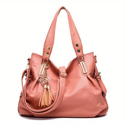 Tassel Decor Hand Bag, Large Capacity Soft Leather Shoulder Bag, Stylish Solid Color Crossbody Purse