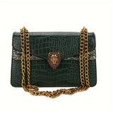 realaiot  Crocodile Pattern Crossbody Bag, Lion Head Decor Handbag, Fashion Chain Shoulder Purse For Women