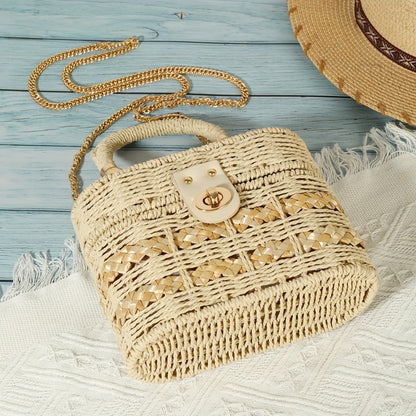 realaiot  Stylish Woven Mini Box Bag, Portable Hollow Shoulder Bag, Perfect Crossbody Box Bag For Beach Traveling