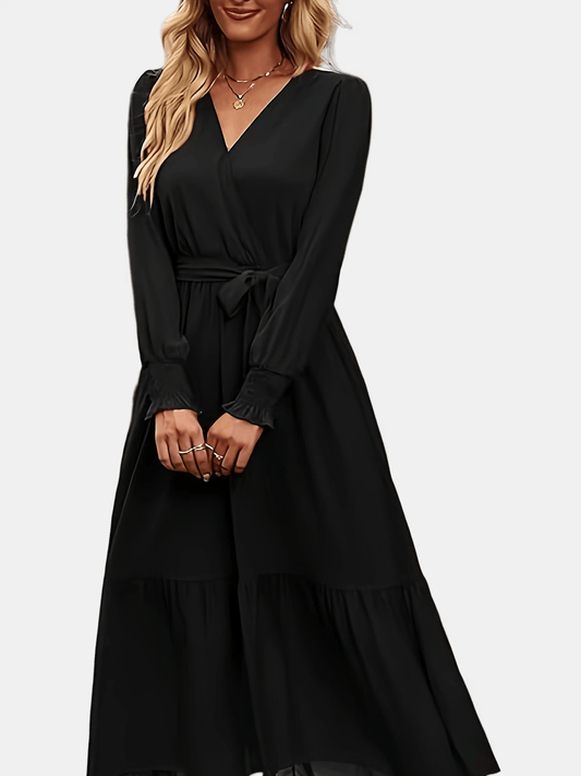 realaiot  Surplice Neck Belted Dress, Vacation Long Sleeve Ruffle Hem Dress, Women's Clothing