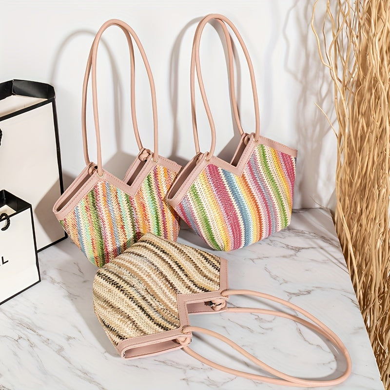 realaiot  Striped Straw Shoulder Bag, Rainbow Design Summer Beach Bag, Women's Woven Holiday Style Handbag