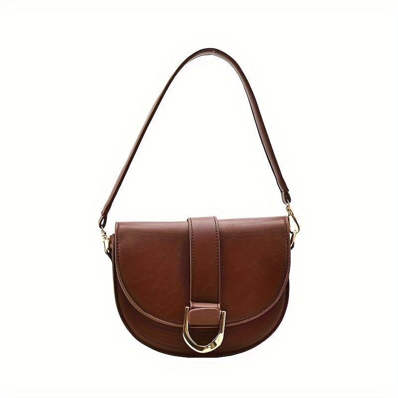 realaiot  Trendy Saddle Bag For Women, Retro PU Leather Crossbody Bag, Simple Mini Shoulder Bag & Purse