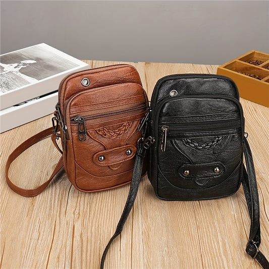 Vintage Faux Leather Crossbody Bag, Studded Decor Shoulder Bag, Fashion Mobile Phone Bag