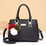 realaiot  Trendy Double Handle Satchel Bag, Pompom & Metal Decor Purse, Women's PU Leather Crossbody Bag