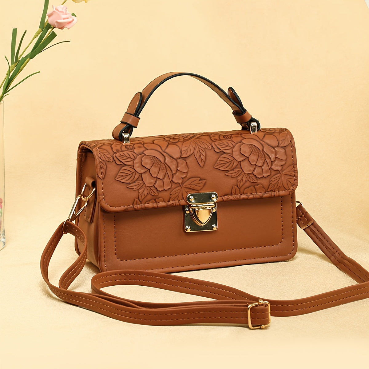 realaiot  Retro Flower Crossbody Bag, Trendy Mini Square Handbag, Solid Color Shoulder Bag For Women