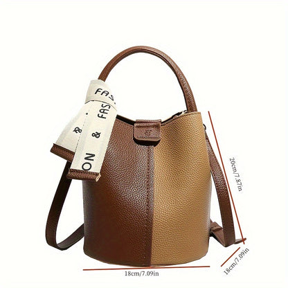 Two Tone Simple Bucket Bag, Letter Twilly Scarf Decor Fashion Shoulder Bag, PU Leather Top Handle Crossbody Bag For Women