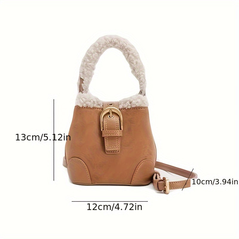 realaiotMini Teddy PU Leather Bucket Bag, Buckle Design Fashion Crossbody Bag, Vintage Style Shoulder Bag, Casual Tote Bag For Women