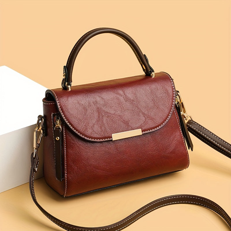 Trendy Faux Leather Handbag, Small Top Handle Purse For Women, Retro Crossbody Bag With Multiple Compartments