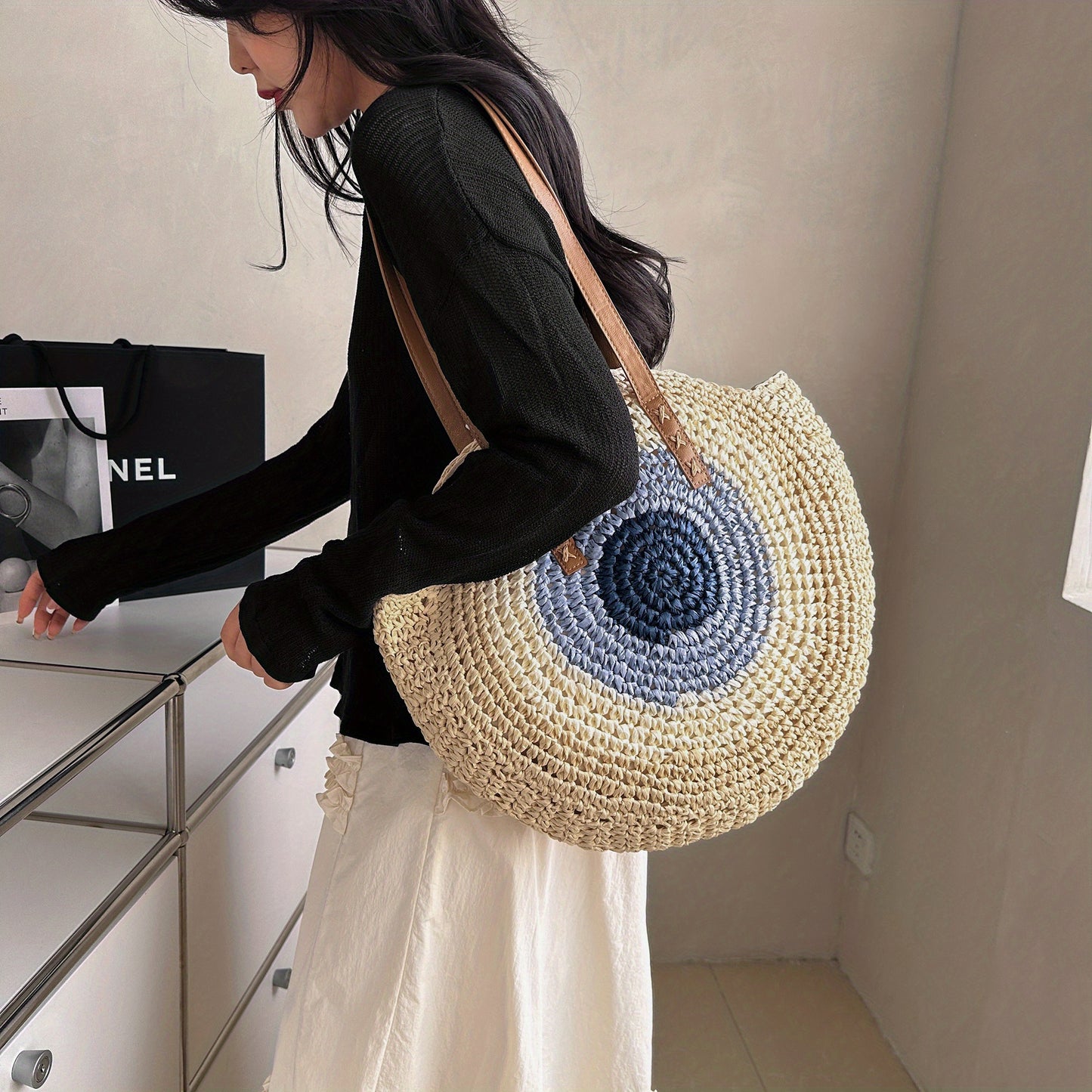 realaiot  Woven Straw Round Handbags, Hollow Out Summer Beach Bag, Women's Large Capacity Shoulder Bag