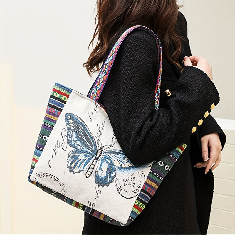 realaiot  New Ethnic Style Shoulder Bag, Butterfly Elephant Pattern Casual Travel Storage Tote Bag For Women