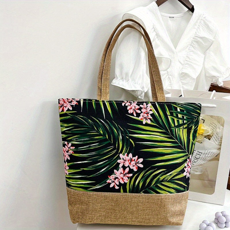 realaiot  Tropic Pattern Tote Bag, Holiday Summer Beach Bag Travel Bag For Vacation, Canvas Large Capacity Shopping Bag