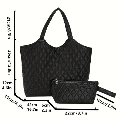 realaiot  2pcs/set Fashion Quilted Tote Bag, Vegan Large Capacity Shoulder Bag, Women's Casual Handbag & Clutch Purse