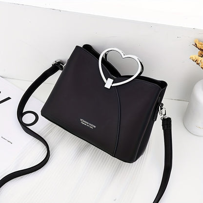 Metal Heart Shaped Handle Crossbody Bag, Solid Color PU Leather Textured Bag Purse, Classic Versatile Fashion Shoulder Bag