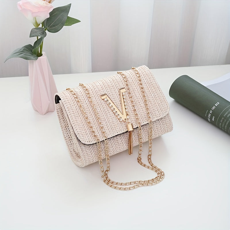 realaiot  1pc Mini Pearl Decor Crossbody Flap Straw Bag (7.5*2.8*5.5) Inch