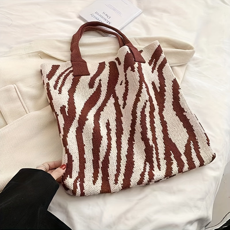 realaiot  Stylish Zebra Pattern Shoulder Bag, All-Match Knitted Handbag, Women's Casual Daily Use Bag