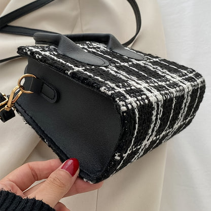 realaiot  Mini Plaid Pattern Tote Bag, Luxury Tweed Crossbody Bag, Women's Elegant Handbag & Purse