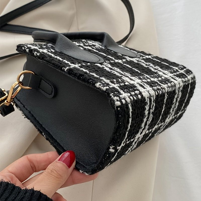 realaiotFashion Plaid Pattern Handbag, Luxury Mini Crossbody Bag, Elegant Top Handle Square Purse