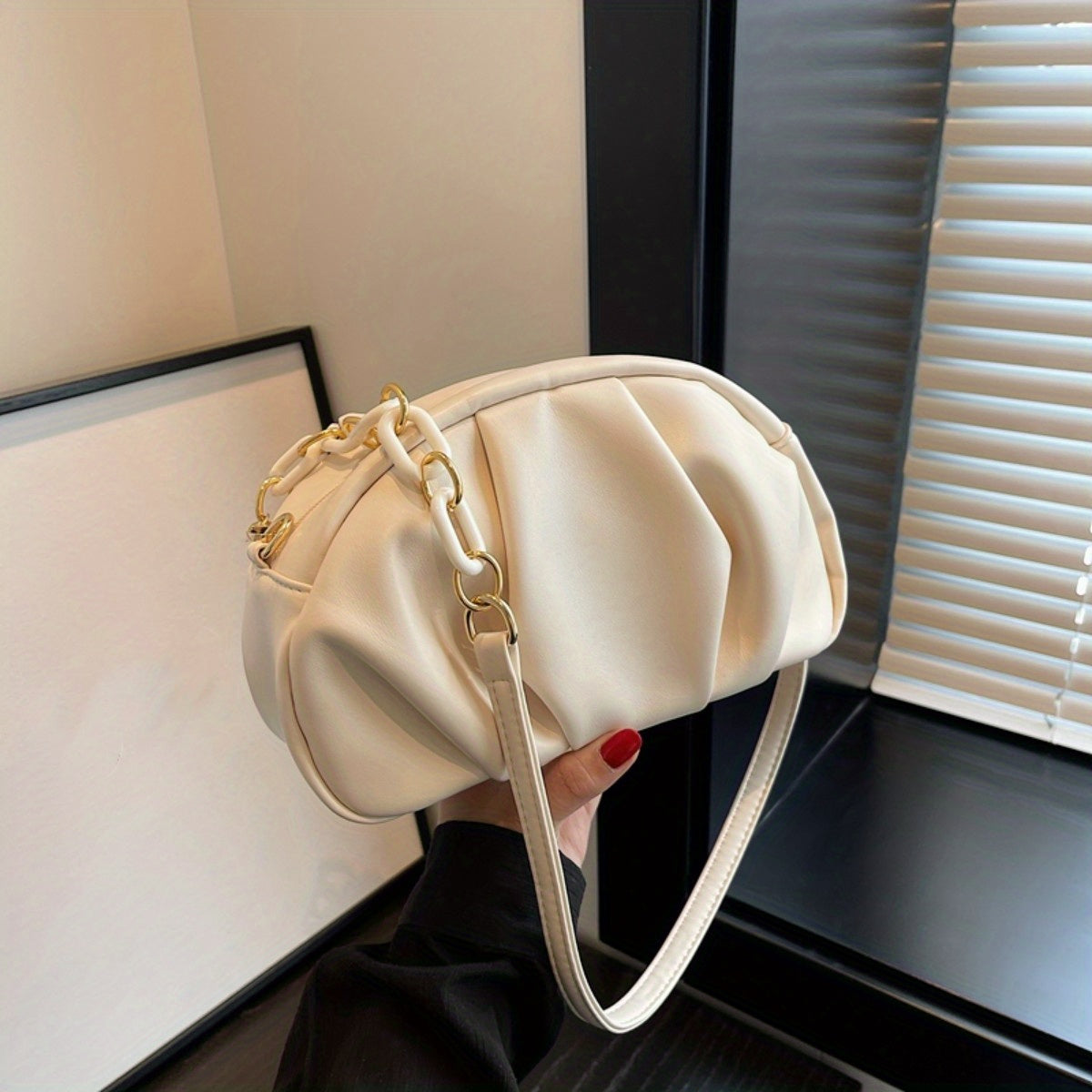 Solid Color Ruched Shoulder Bag, Simple Design Zipper Crossbody Bag, Versatile PU Leather Shoulder Bag