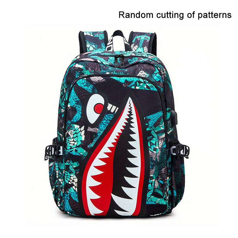 Shark Pattern Backpack, Trendy Nylon Student School Bag, Lightweight Travel Bookbag With USB Charging Port