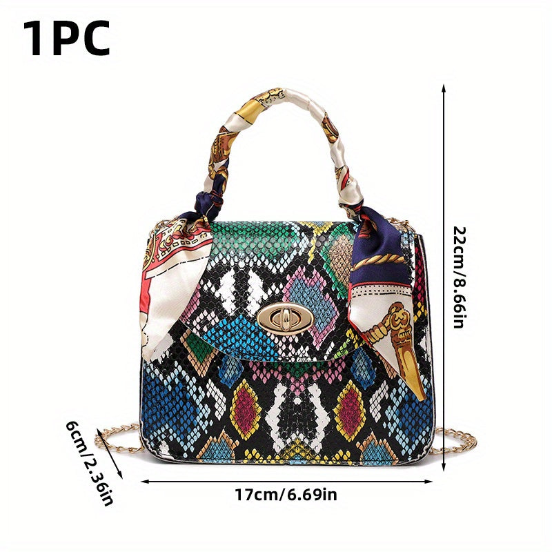 realaiot  Mini Snake Pattern Crossbody Bag With Silk Scarf, Fashion Handbag, Women's Crossbody Bag, 22.0*16.99cm