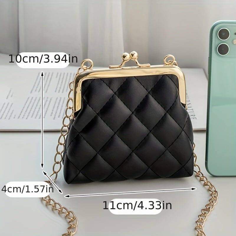 Mini Quilted Chain Crossbody Bag, Fashion Kiss Lock Coin Purse, Women's PU Leather Lipstick Bag