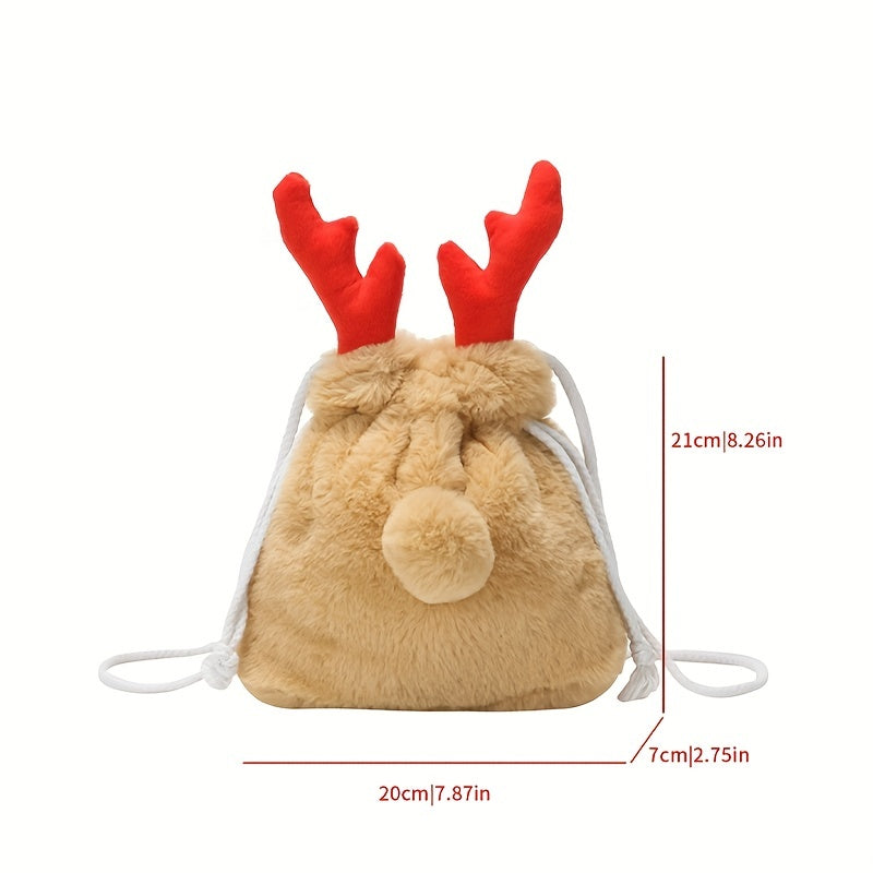 realaiot  Christmas Elk Plush Bucket Bag, Kawaii Faux Fur Crossbody Bag, Cute Fluffy Drawstring Purse, Christmas Gift For Girls Women