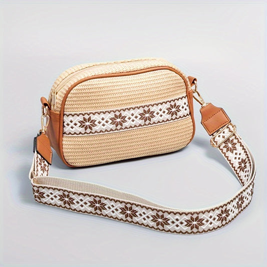 Classic Straw Design Mini Square Shoulder Bag, Bohemian Ethnic Crossbody Bag For Women