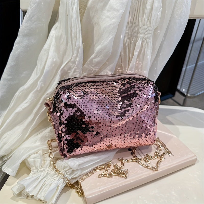 Shiny Full Sequins Mini Crossbody Bag, Solid Color Zipper Shoulder Bag, Perfect Sling Bag For Daily Use