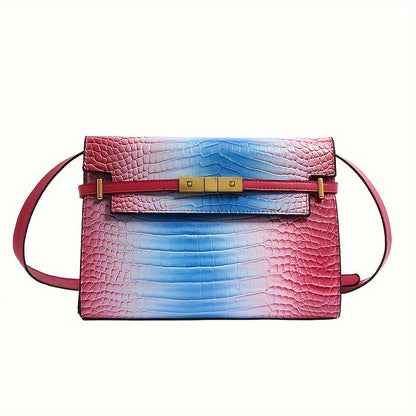 realaiot Gradient Color Crocodile Pattern Handbag, Trendy Ombre Crossbody Bag, Women's Luxury Clutch Purse Shoulder Bag