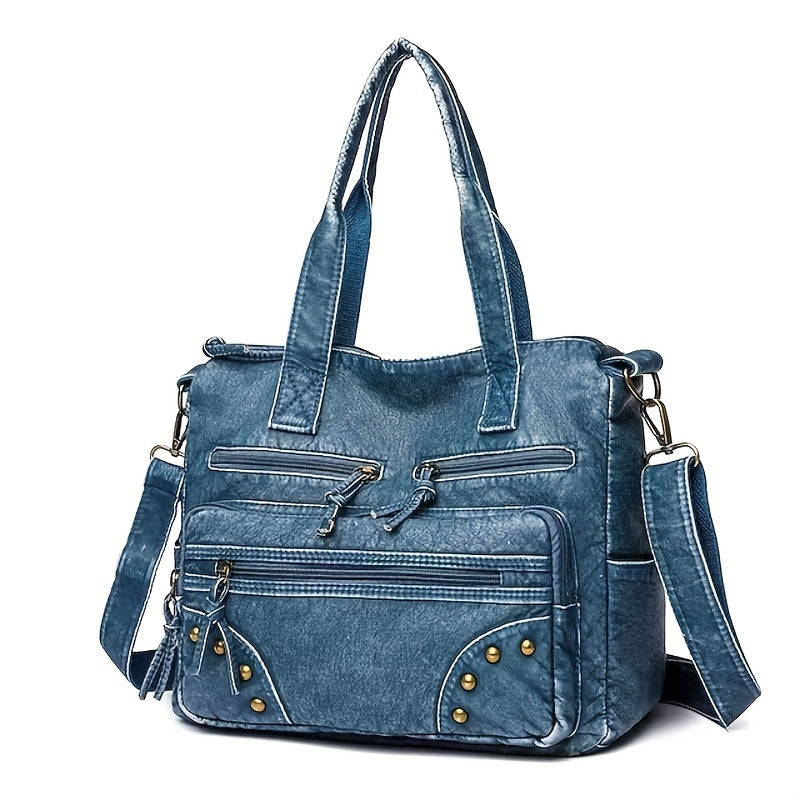 realaiot  Retro Style Tote Bag For Women, Studded Decor Crossbody Bag, Large Capacity Shoulder Bag