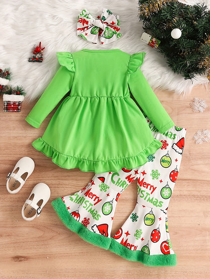 Toddler Baby Girls Christmas Clothes Little Girl Ruffle Long Sleeve Heart Print Tops Dress Christmas Ball Print Pants with Headband 3PCS Fall Winter Outfits Set